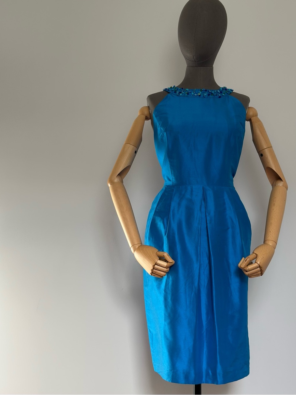Silk Turquoise Sleeveless Beaded Dress Tulip Skirt - Picture 8 of 17